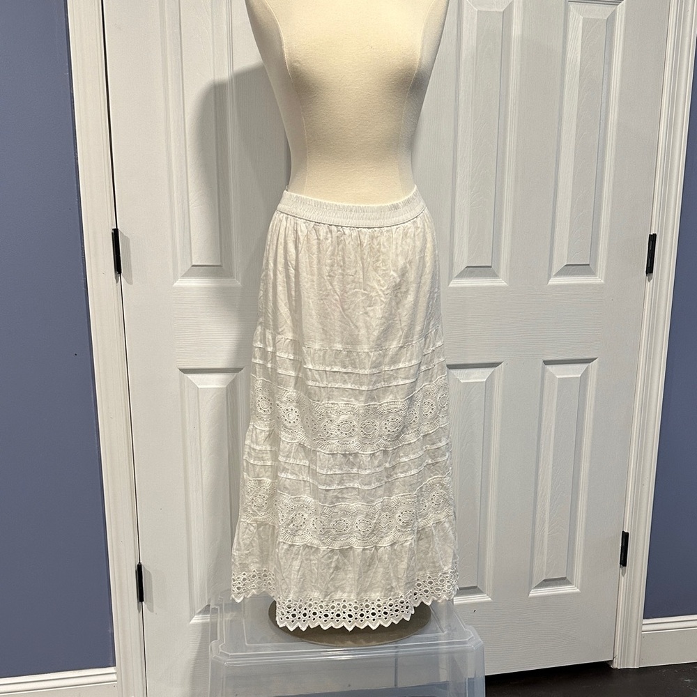 Studio West White Ivory Cotton Lace Eyelet Tiered Long / Maxi  Skirt Size M